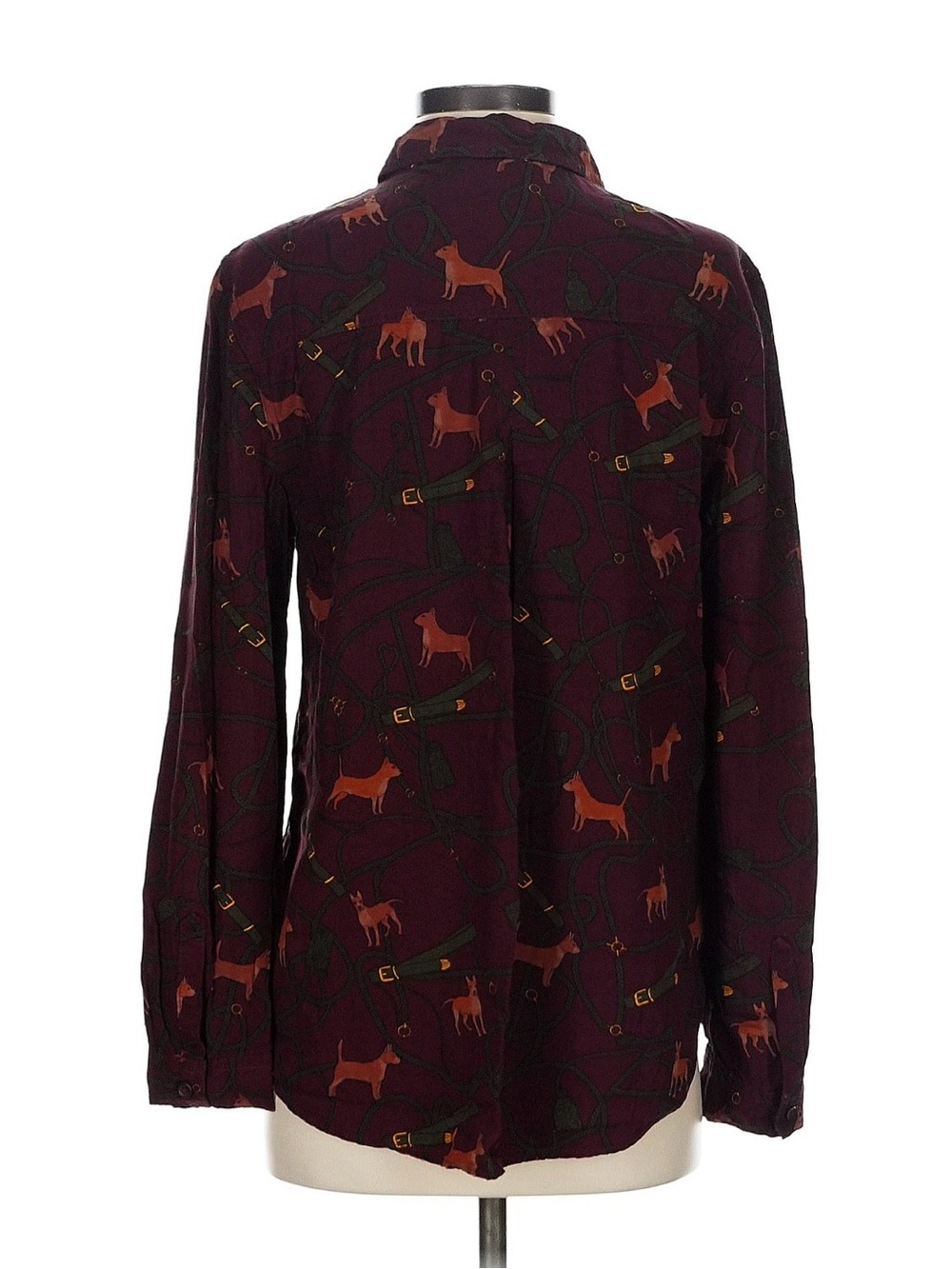 Sz S Vintage English Country Style Burgundy Printed Button-Up Shirt, Corgis - Picture 2 of 3